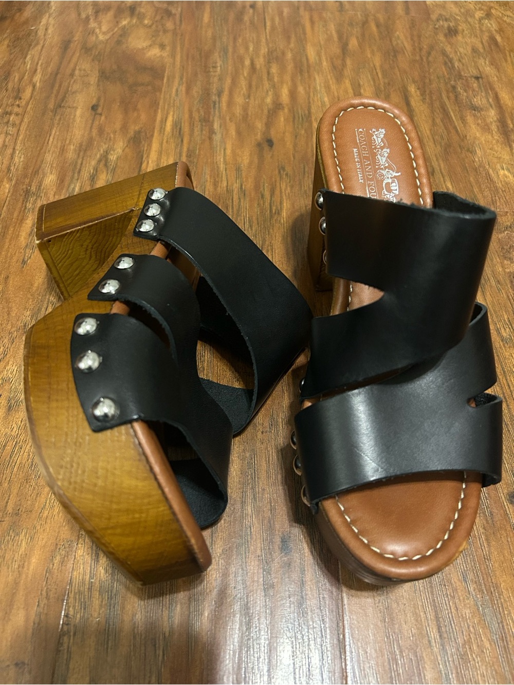 Black Leather Silver Studded Wood Platform Mules Slide-On Hippie Y2K Boho 90s - Picture 12 of 16